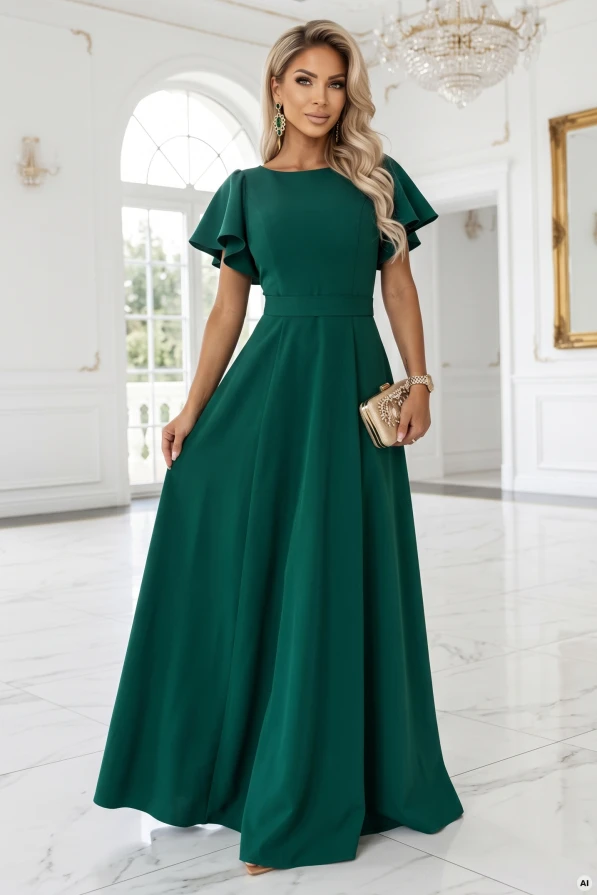MIRELLA — етегі кең ұзын көйлек, қою жасыл